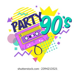 Afiche de la fiesta disco de los años 90. Videos musicales de los años 90, invitación nocturna de baile de los 90 y conjunto de ilustraciones vectoriales de cinta estéreo retro. Afiche y volante estéreo de los años 90, tendencia musical