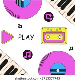 Arte vectorial de estilo de fiesta de la discoteca de los años 90. Ilustración vectorial de cinta de audio retro vinilo grabar teclas de piano aisladas de fondo transparente. Diseño perfecto de estampado de sudaderas con capucha retro. EPS 10