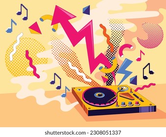 90's Disk Jockey with Urban Abstract Background, 8-bit Notes and Colorful Style Illustration