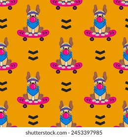 90s Dog Seamless Pattern with Skateboard Bubble Gum. Modern colorful y2k pet background with funny French Bulldog on skate. Sport animal. Vintage fashion and accessories. Repeat vector illustration