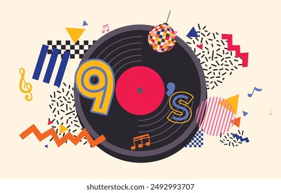 90s Elements with Disco Ball and Vinyl record: Explore a vibrant geometric pattern with retro 90s elements, Vector, Illustration