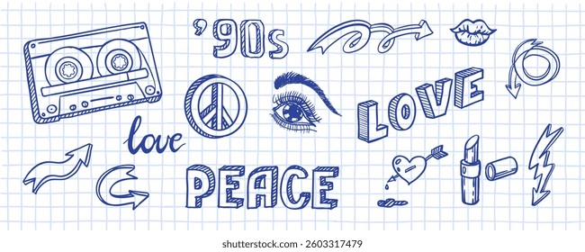 90s elements in line style. Hand drawn vector illustration. Patch, badge, emblem. Pen drawing in copybook. Teenager life
