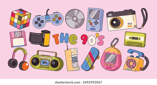 Elementos de los años 90 con objetos retro como auriculares, controlador de juego, tamagotchi, disco, cámara de cine, cinta, radio y cubo de Rubik. Perfecto para capturar recuerdos de la infancia