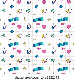 90's elements. Seamless 90's retro pattern. Geometric elements, inscriptions. Doodle style.