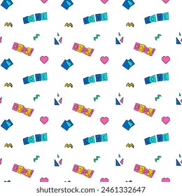 90's elements. Seamless 90's retro pattern. Geometric elements, inscriptions. Doodle style. Pattern on white background