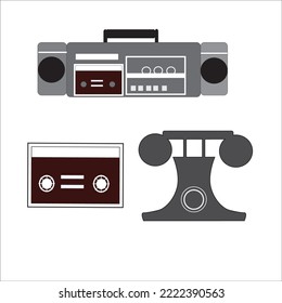 90,s era tape recorder audio cassette telephone illustration