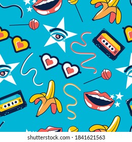 90's Eyeglasses, Cassette, Banana, Lollipop Candy Pop Art Seamless Pattern Illustration  