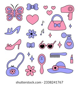 Juego de accesorios de belleza de moda de los años 90. colección vectorial y2k de objetos femeninos al estilo de las caricaturas. Estética de muñecas de época