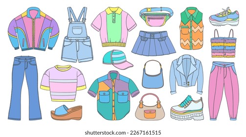 90s fashion doodles set. 2000s style woman clothes collection. Y2k trendy doodle. Retro 90s clothes, shoes, bags. Millennial childhood fashion. 90s and 2000s nostalgia.