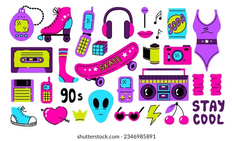 90s fashion elements vector set. Bright 1990s collection of stickers with vibrant neon colors. Back to 90s concept design icons. 