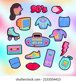 90s fashion icons with lips, sneakers, tape recorder, toys, computer trem, etc. Vector illustration isolated on color background.