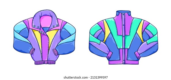 90s fashion illustration. Retro neon colors jacket. Retro colorful sport coat. 90s style vector. 1990s trendy illustration. Nostalgia for the 90s.