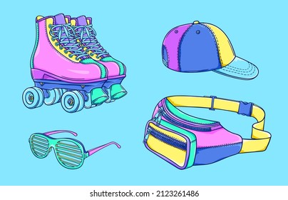 Ilustración de moda de los años 90. Patines de rodillos retro, bolsa de cintura, vasos de plástico, gorra. Gafas de fiesta. vector de estilo de los años 90. Ilustración de moda de los años 90. Nostalgia de los años 90.