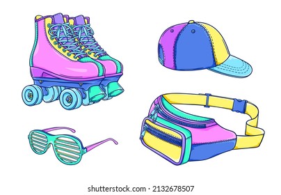 Ilustración de moda de los años 90. Patines de rodillos retro, bolsa de cintura, vasos de plástico, gorra. Gafas de fiesta. vector de estilo de los años 90. Ilustración de moda de los años 90. Nostalgia de los años 90.