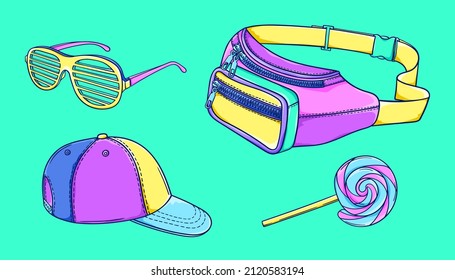 90s Fashion Illustration. Retro Waist Bag, Plastic Glasses, Cap. Party Glasses. 90s Style Vector. 1990s Trendy Illustration. Nostalgia For The 90s.