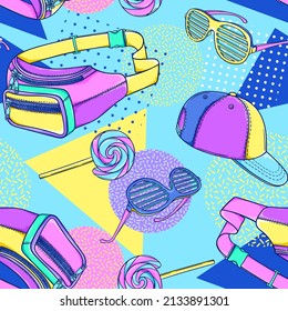 90s fashion pattern illustration. Retro waist bag, plastic glasses, cap. Party glasses. 90s style vector. 1990s trendy illustration. Nostalgia for the 90s.