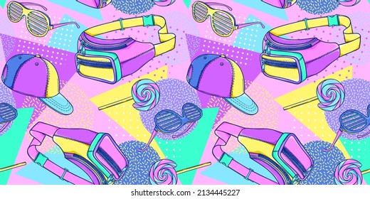 90s fashion pattern illustration. Retro waist bag, plastic glasses, cap. Party glasses. 90s style vector. 1990s trendy illustration. Nostalgia for the 90s.