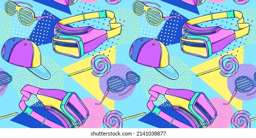 Ilustración de patrones de moda de los años 90. Bolsa de cintura retro, vasos de plástico, gorra. Gafas de fiesta. vector de estilo de los años 90. Ilustración de moda de los años 90. Nostalgia de los años 90.