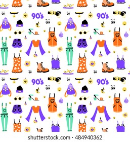 90s fashion seamless pattern. Clothes that were popular in 90s and became trendy again. Vector illustration eps 10 