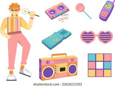 90s fashion. Set, collection of items in flat retro design. Redheaded cool man, cassette tape, tape recorder, tetris, rubik's cube, retro phone