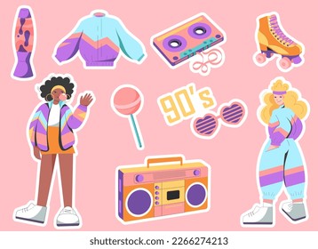 90s fashion. Stickers in flat retro design. Sportswear, tape recorder, cassette tape, lava lamp, roller skates. Black woman and blonde in 90's sportswear