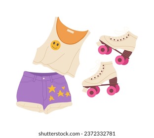 90s fashion trends with cropped top and shorts, pair of roller skates kit isolated on white