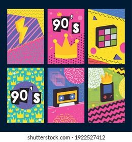 90s forever designs with retro related icons over blue background, colorful design, vector illustration