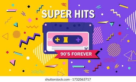 90s Forever Super Hits music poster design with audio cassette tape over colorful purple and yellow backgrounds with abstract icons, colored vector illustration