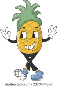 90s Fruit Funny Retro Groovy Cartoon Hippie Character. Comic Pineapple Character on transparent background. Groovy Summer Vector Illustration. Sweet Juicy Fresh Fruit