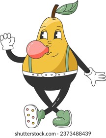 90s Fruit Funny Retro Groovy Cartoon Hippie Character. Comic Pear Character on transparent background. Groovy Summer Vector Illustration. Sweet Juicy Fresh Fruit.