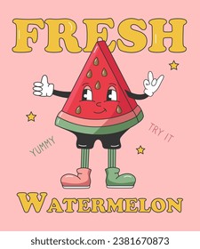 90s Fruit Funny Retro Groovy Cartoon Characters. Poster with Comic Character of Watermelon. Groovy Summer Vector Illustration. Sweet Juicy Fresh Fruit Banner.