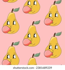 90s Fruit Retro Groovy Pattern with Cartoon Hippie Character. Comic Character of Pears chewing gum with Funny Face. Groovy Summer Vector Print. Sweet Juicy Fresh Fruits.