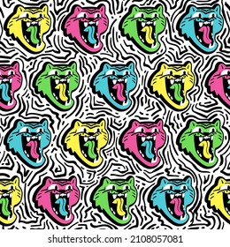 90's funky style inspired seamless texture. Background filled with colorful tiger heads. Roaring tigers with colored tongues. Cartoon vector.