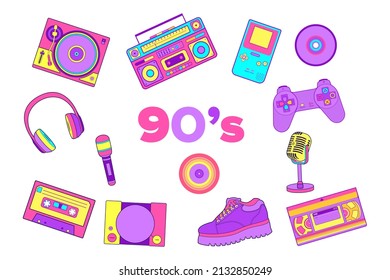 90s gadget vector illustration. set of retro collection technology vintage color isolated on white background