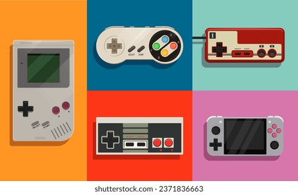 Spielkonsole der 90er Jahre, Retro Vintage Stil Design. Glücksspielregler. Spielkonzept im Retro-Stil. Gamepads