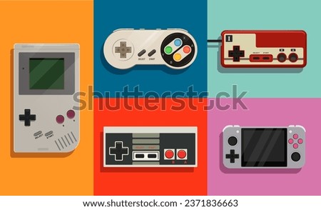 90s game console, retro vintage style design. gaming controllers. retro style game concept. Gamepads