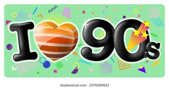 90's graphic design template. Banner or poster with memphis design with 3D letters. I love the 90's with retro geometric elements. vector Illustrat3 file.