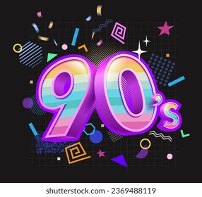 90's graphic design template. Memphis poster, card or invitation with geometric elements. Back to the 90s. Vector Illustrat3 background.