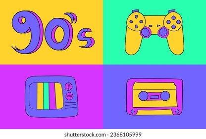 90's Graphic Elements. Nostalgia with video game control, tube tv and cassette tape. Vector Illustration