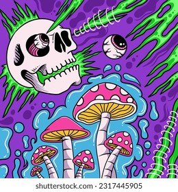 90s groovy skeleton with laser and mushrooms