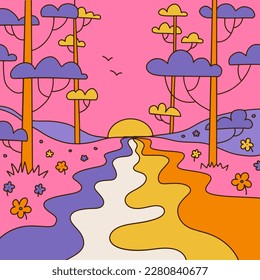 90s groovy square poster. Cartoon psychedelic retro style. Bright hippie landscape and retro floral elements. Trip nature with rainbow river, sunset, trees, trip wave. Vector contour illustration.