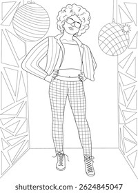 90s Grunge Fashion Line Art, Stylized black and white line art illustration featuring a young woman striking a pose in a trendy 90s grunge outfit. She wears a striped jacket, crop top, and plaid