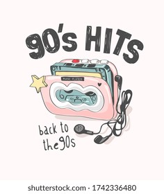 90's hits slogan with colorful vintage cassette player illustration