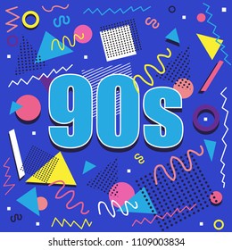 90s illistration with abstract retro design on blue background