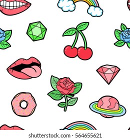 90s inspired patches: cherries, donut, lips, rainbow, diamond, rose. Stylish sticker design. Strong outline, bold colors apliques for fabric clothes. Seamless pattern, background. Vector illustration.