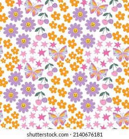 90s inspired seamless pattern with florals, butterfly, cherry and stars. Trendy background for stationery, textile, wallpaper, scrapbook paper etc. 