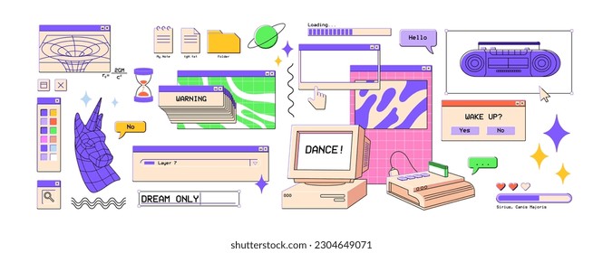 90s interface elements, UI in retro vaporwave style. 2000s digital aesthetics. Nostalgic windows, frames, popup messages set. Colored flat graphic vector illustrations isolated on white background