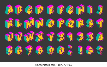 90s isometric neon alphabet. Vector set of colorful elements