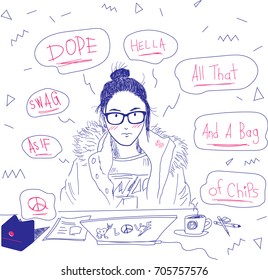 90's KIDS / Blue and Red pen Doodle or Drawing an old school teenager of 1990's with slang words bubble speech surrounding and hipster stuff on the desk / Hi school doodle style / vector editable EPS
