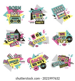 90s labels. Vintage fashioned labels for clothes retro style elements of pop music of 80s musical boombox radio recent vector pictures set